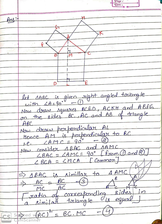 Page : Date : Ang f M E 0 m ABC l.e. LAMC let SABC is given right angled toricingle with LA = 90° Now draw squares BCED, ACKH
