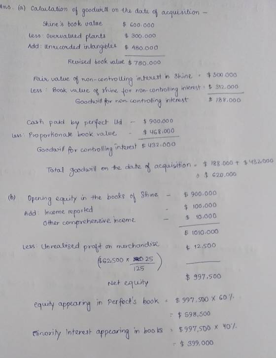 Ans.(a) Calculation of goodwill on the date of acquisition - Shines book value $ 600.000 less: Overwawed plants $ 300.000 Ad