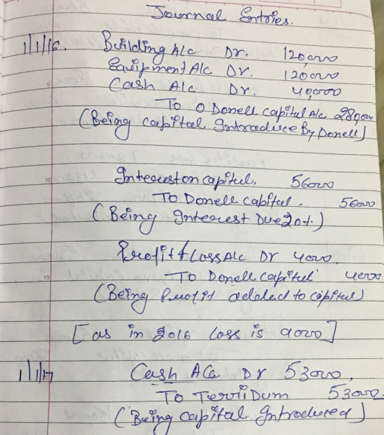 Journal Entries. Building Alo Dr. 12oor equipment Alcor. 12000 Cash Ale Dr, yoooo * To o Donell. capitel Ale pour Being capit