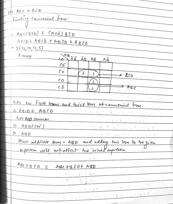 19) ARC+ BCD cammonical form: finding ARC(DID) + CATĀ) BCD ABCD & ABCD + AB CD + Ā B C D = N15, 14,13,5) K-map 4B AB AB AB c