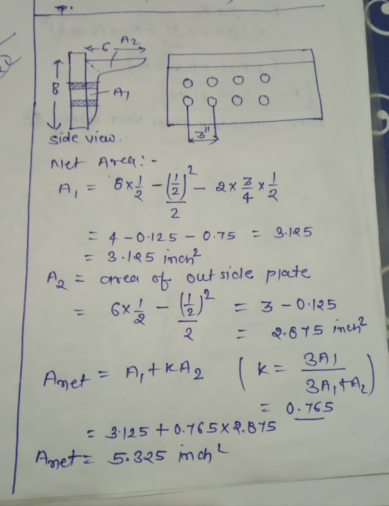 8 A side view net Area - A,= 8x2 - ( ) - 2 x 2 x = 4-0.125 - 0.75 = 3.125 = 3.195 inch? A2 = area of out side plate = 6x12 -