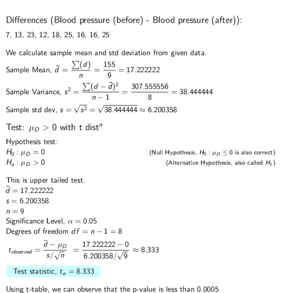 Differences (Blood pressure (before) - Blood pressure (after) 7, 13, 23, 12, 18, 25, 16, 16, 25 We calculate sample mean and