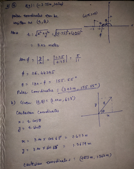 91 y @ )= (-2.75m,le2 sm) polar coordinates can be written as (2,8). Now to Jay-12-75*+(125 - 3.02 meter Now ton de 1951 * =