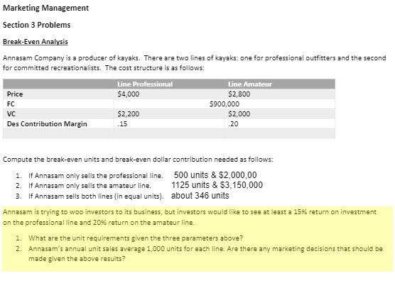 Marketing Management Section 3 Problems Break-Even Analysis Annasam Company is a producer of kayaks. There are two lines of k