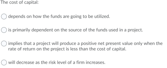 The cost of capital: depends on how the funds are going to be utilized. O is primarily dependent on the source of the funds u