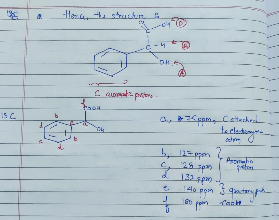BE a Hence, the structure is on OHA C aromatic prostors. beoon 13 C DDM a ou on a, 875ppm, Cattached to electronegtine atom a