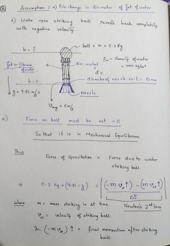 0 Assumption & a) No change in diameter of Jet of water 6) Water upon striking ball with negative velocity. reverts back comp