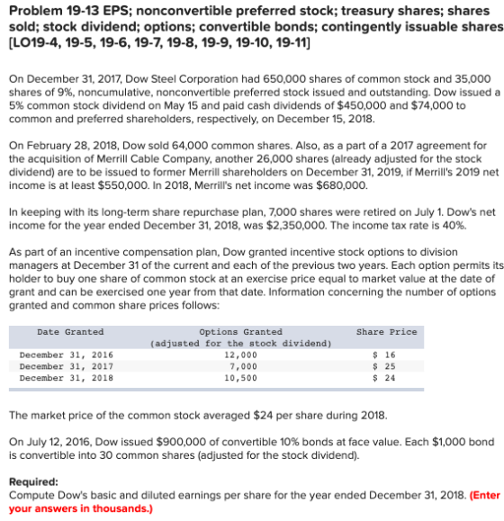 Problem 19-13 EPS; nonconvertible preferred stock; treasury shares; shares sold; stock dividend; options, convertible bonds;