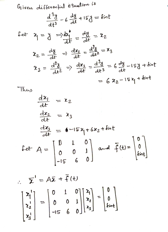 Rgp Given differential é quation is - 6 + 15y = fint dt3 => day - dy = x2 at It da2 d²y =X3 dt dey R = be pg Pre X2 die at Ex