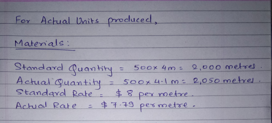 For Actual Units produced, Materials: Standard quantity 5oox 4m= 2.000 metres Actual Quantity = 500x4-1m = 2,050 metres Stand