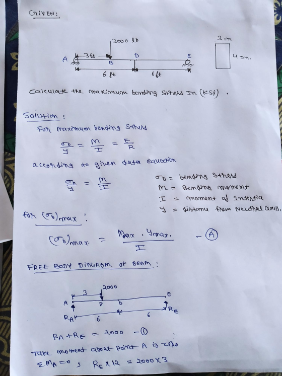 Max. Imaxe CriVEN: 2 In 2000 lb 3ft 4 m. A B 6 ft 64+ calculate the maximum bending stress In (ksi) Solution : for maximum be