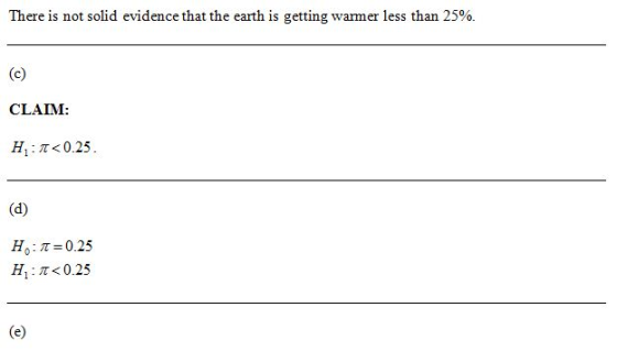 There is not solid evidence that the earth is getting warmer less than 25%. (c) CLAIM: H:1<0.25. Ho:1=0.25 H:1<0.25