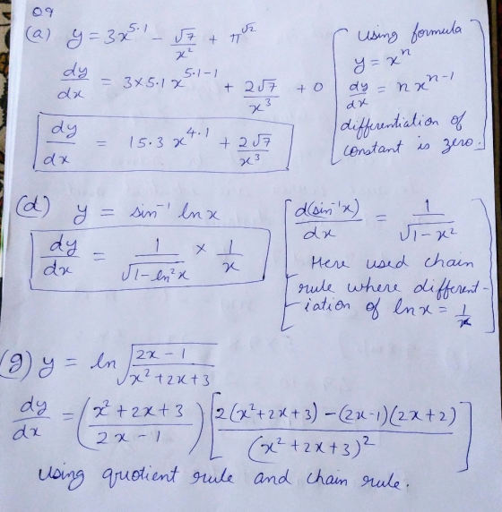 09 2 (a) 9=325.1 . 7 + T using formula 2² y=xn dy - sur 5.101 3x5.1X to I dy = nxn- dx differentiation of constant is zero ..