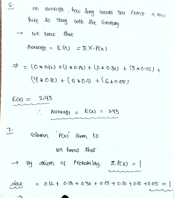 a a new on average how long would you expect hire to stay with the company. we know that → Average = E(X) = EX-PCX) → = (0*01