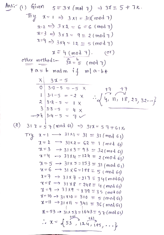 :-3.5 (mod) other method abmod m 1 13-1-5 2 x 1, 11, 18, 25, 32..- 31:3:53 31 (mod GI) -5- t 6