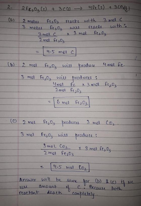 2 2 Fe₂O₂ (s) + 3cu 4 Fe(s) + 300g 2 meles Fe2O₂ reacts with 3 mel c. 3 meles fe, O₂ will reacts with 3 melc x 3 mal Fee O₂-