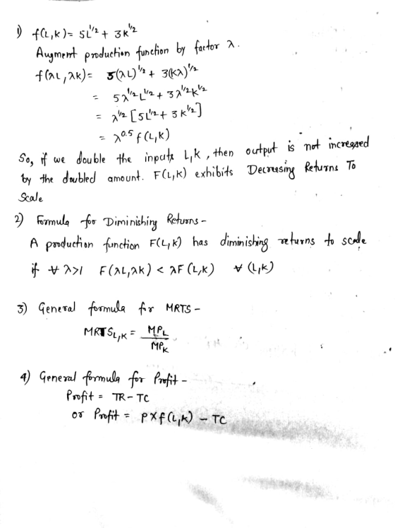 ) f(2,6)= 52 + 3k2 Augment production function by factor a. fal, ak)= 5(24)n + 3(ka) = 5212442 + 392K> = 212 [522 + 3 k