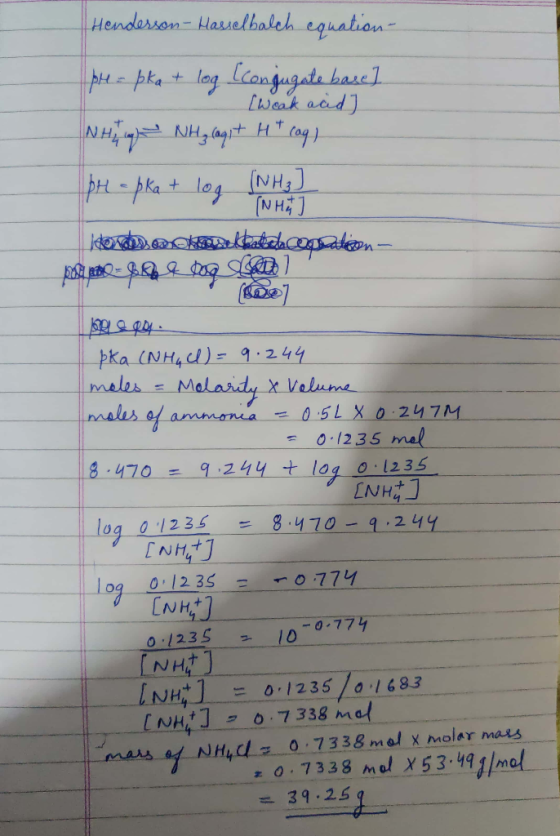 Henderson- Hasselbaleh equation ple phat log lcangugat basel Ejeak acd нт NHJ N H pH-pha t log + pka (NH4d)- 9 244 meles Mela