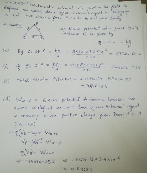 Concept Elec trostatic potential at a depined point in the field is am External agent in binging Unit tve chag e frem 4ntinid