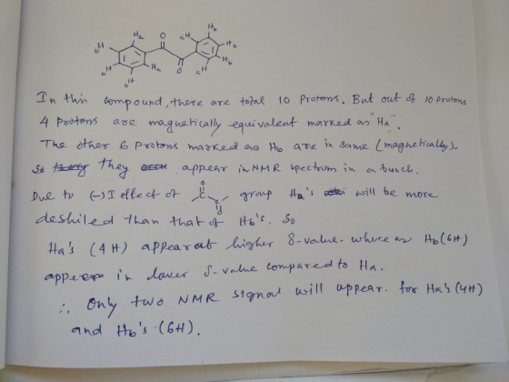 it ma In this compound, there are total 10 protons. But out of 10 Protons 4 protons are magnetically equivalent marked as Ha.
