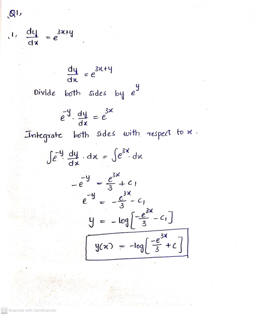 QI, ile dų da 3x+4 = e dy 336+4 ге da Divide both sides by y 3x éy dy- é Integrate both sides with respect to o. Seu dy dal -