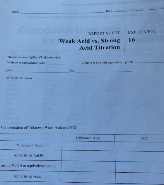 Name Date REPORT SHEET Weak Acid vs. Strong Acid Titration EXPERIMENT 16 Determination of pKa of Unknown Acid Volume at equiv