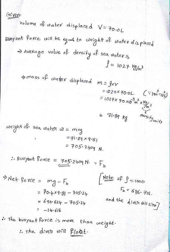 vo lume of oates displaced V o.OL Bbyant Posce ill be e to weght of water dis place ensity ok sea Date &iS -) Avesa ge value