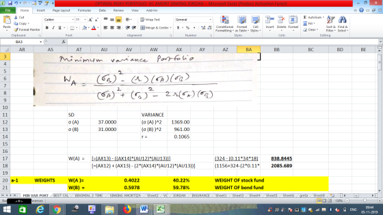 OPTIMAL RISKY POR VC AMORT SINKING JORDAN - Microsoft Excel (Product Activation Failed) File Home Insert Page Layout Formulas