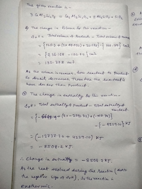 The given reaction is - 3 C Al 2 Size = laz Alz Siz 0,2 + 2 Alesi Ost SiO₂ solic eana » The change in volume for this reactio