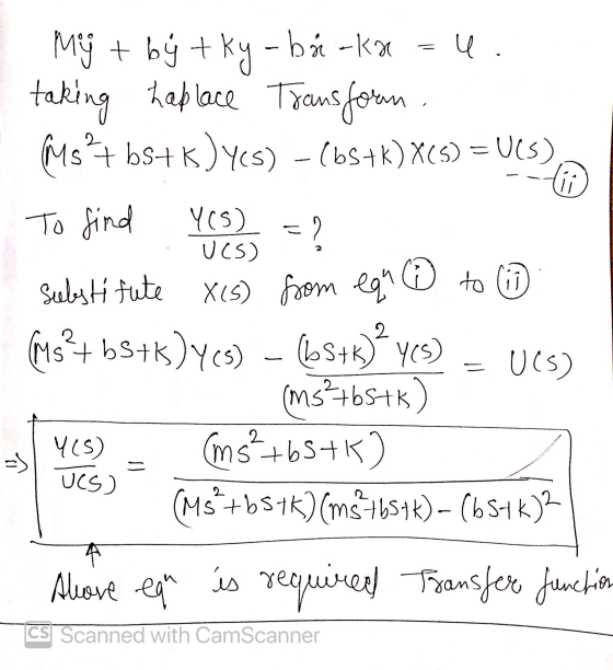 u. UCS) co to li Mg + být tky -bi-ka taking Laplace Transform. Ms+bs+k)y(s) -(65+k)X(5) = U(5) To find Y(5) = ? Substi fute