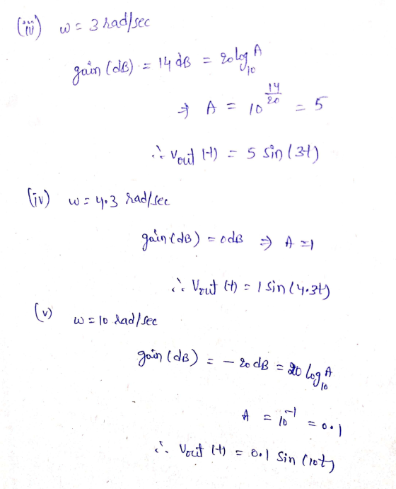 Cows 3 had/sec gain (dB) = 14 dB = Eologa A = 102 - 5 - Vout 1) = 5 sin (34) (īv) ws y 3 dad/sec gain (dB) = odB =) A Vout (t
