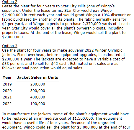 Option 2 Lease the plant for four years to Star City Mills (one of Wingos suppliers). Under the lease terms, Star City would pay Wingo $2,400,000 in rent each year and would grant Wingo a 10% discount on fabric purchased by another of its plants. The fabric normally sells for $2 per yard, and Wingo expects to purchase 2,370,000 yards of it each year. Star City would cover all the plants ownership costs, including property taxes. At the end of the lease, Wingo would sell the plant for $2,000,000 Option 3 Use the plant for four years to make souvenir 2022 Winter Olympic jackets. Fixed overhead, before equipment upgrades, is estimated at $200,000 a year. The jackets are expected to have a variable cost of $33 per unit and to sell for $42 each. Estimated unit sales are as follows; annual production would equal sales Jacket Sales in Units 200,000 300,000 400,000 100,000 Year 2019 2020 2021 2022 To manufacture the jackets, some of the plants equipment would have to be replaced at an immediate cost of $1,500,000. The equipment would have a useful life of four years. Because of the upgraded equipment, Wingo could sell the plant for $3,000,000 at the end of four