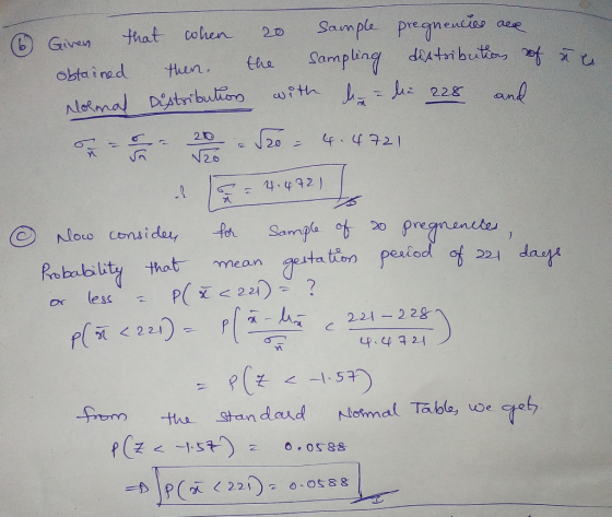 6 a Given that when 20 sample pregnencies are obtained then the sampling distributions of Normal Distribution with him = la 2