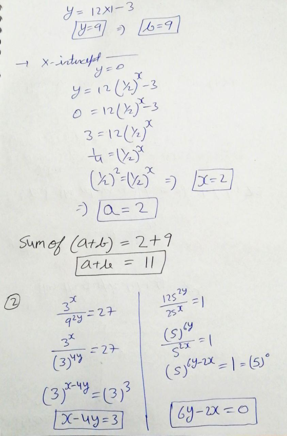 Y=12*1-3 y=9 = 16 = 9 X + X-intercept y y=12 (%) -3 0 = 12(%) -3 3=12(%2 х (%)?=1/29 - 1x=2 =) [a=2 Sum of (atb) = 2+9 latle