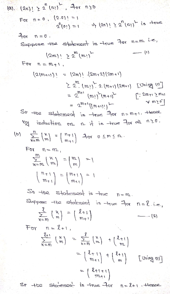 (a). (2n)! > 2 (n!!, for nyo For n=0, (2.0)! = 1 2010!) = 1 + (2n! ? 2In he is true For no Suppose the statement is true 7o