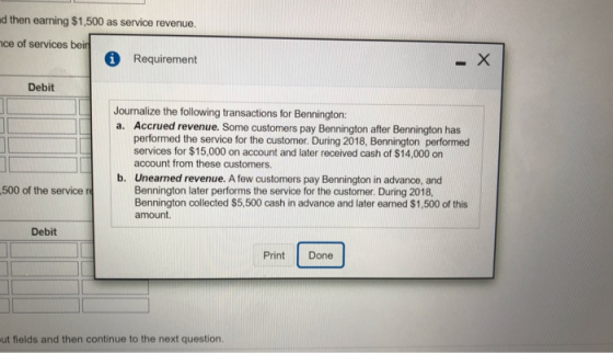 nd then earning $1,500 as service revenue. nce of services bein * Requirement Х - Debit Journalize the following transactions