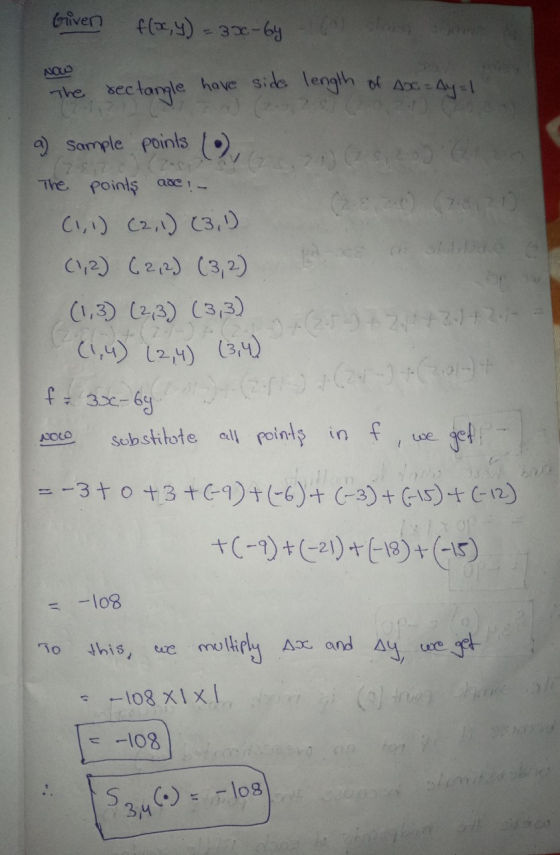 Given f(x, y) = 3x - 64 NOVO The rectangle have side length of AXc - Ay = 1 ( a) sample points (0) The points are ! - (1, 1)