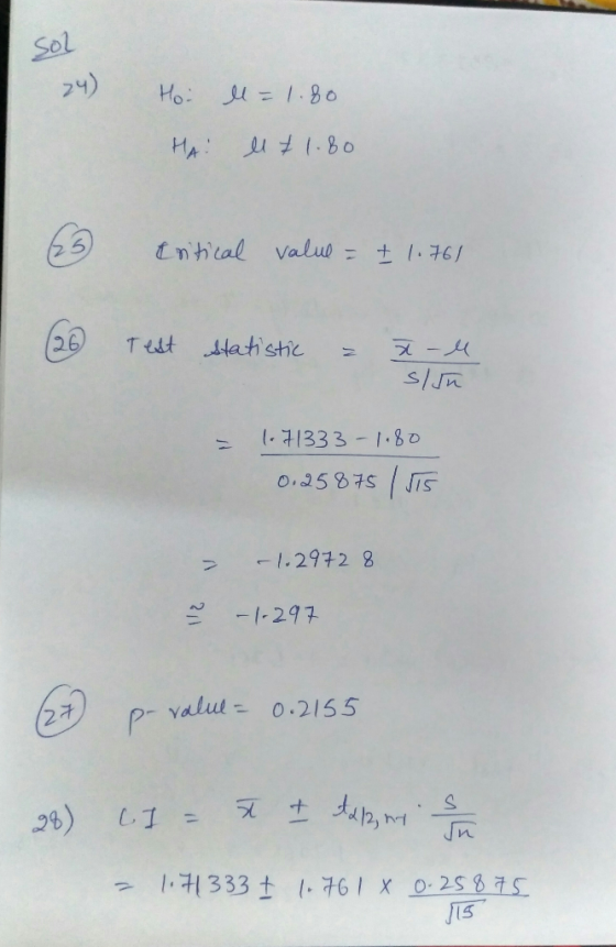 Sol 24) Ho 1.80 HA 1.80 tnhlal Valud t 1.76/ 26 T itdtah stic 17133 3 1.80 0.25875 iS -1.2972 8 1-297 PYalul- 0.2155 2) 71133