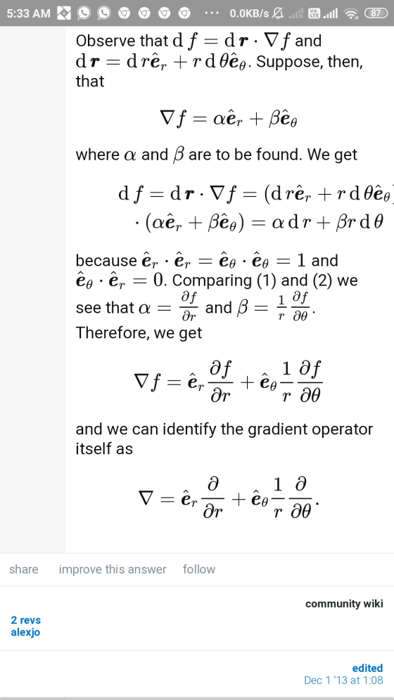 Vo 5:33 AM 0.0KB/s 87 Observe that d f = dr. Vf and dr = d rêr +rd deo. Suppose, then, that Vf = aềr + ßeo where a and ß are