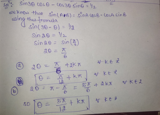soll sino coso - cosso sino = 1/2 we know that sin(ABB) = sina COSB - COSA Sin B using this formula sin (30-0) = yg Singo = 1