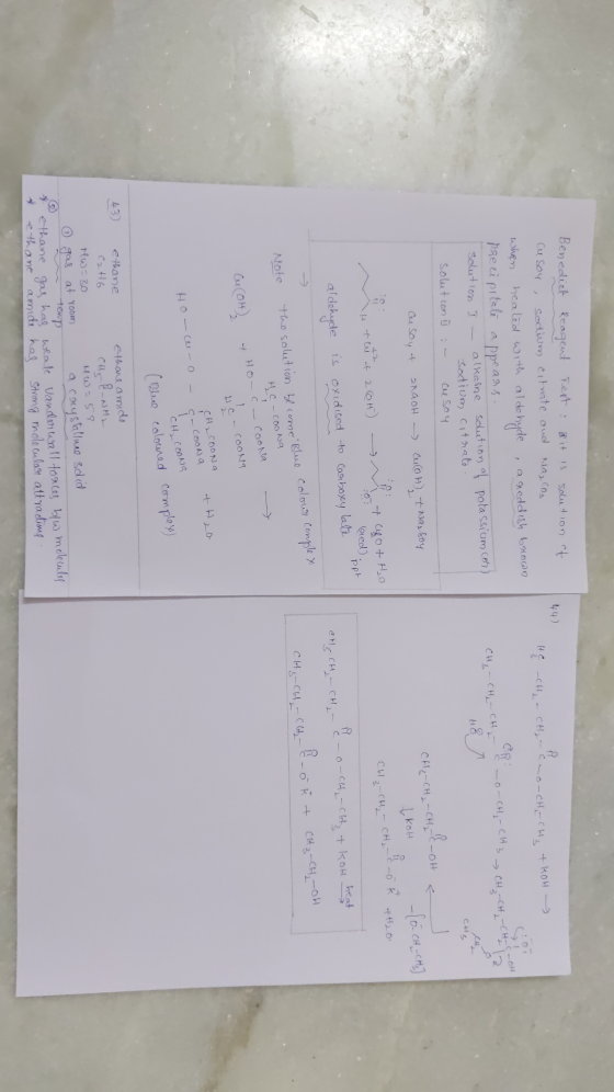 44) Cu soy monchache +KOH Her CH₂ - CH₂ - Cao-CH₂ - CH3 Benedict Reagent Test: solution et sodium citrate and Na₂CO₃ when hea