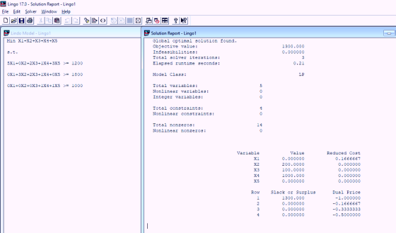 Lingo 17.0 Solution Report Lingol Eile Edit Solver Window Help D 레日 @j L Brlo elal.RI庮 ?h@ Solution Report -Lingo1 Lindo Model - Lingo Min Xl+X2+X3+X4+X5 Global optimal solution found Objective value: Infeasibilities: Total solver iterations: Elapsed runtime seconds: 1300.000 0.000000 0.21 LF 5X1+0X2 +2X3+2X4 +3X5 >= 1200 02.1+3X2+2X3+2X4+0X5 >= 1800 Model Class: 021 +0X2 +0X3+2X4+2X5 1000 Total variables: Nonlinear variables: Integer variables: >= Total constraints: Nonlinear constraints: 14 Total nonzeros: Nonlinear nonzeroS: Variable X1 X2 X3 X4 X5 Value 0.000000 200.0000 100.0000 1000.000 0.000000 Reduced Cost 0.1666667 0.000000 0.000000 0.000000 0.000000 Row Slack or Suxplus 1300.000 0.000000 0.000000 0.000000 Dual Price -1.000000 -0.1666667 -0.3333333 -0.5000000