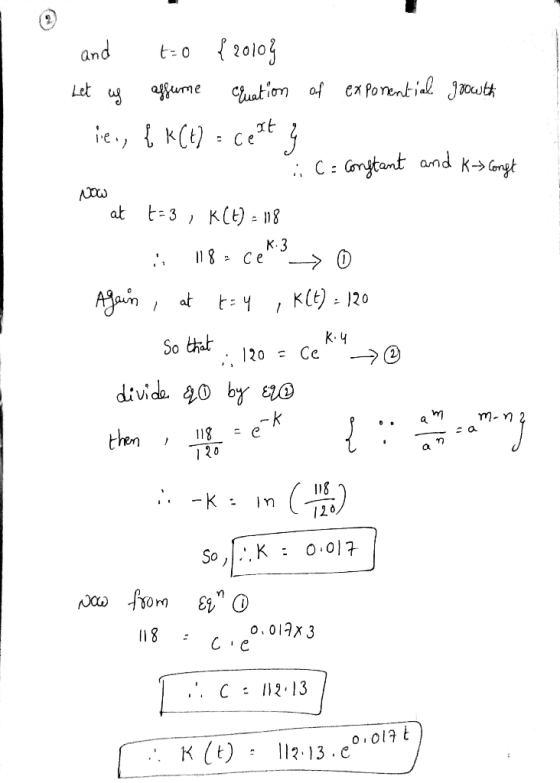 and to {2010} Let us affume equation of exponential growth ies, į k(t) = cest } :C= constant and K-> Congt 100w at 1-3 , K(+)