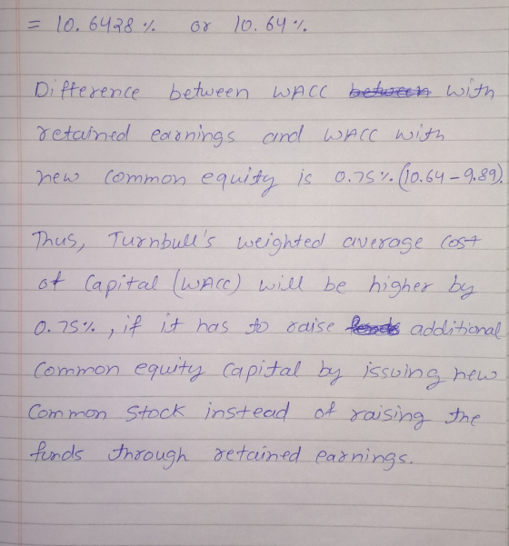 = 10. 6428 % or 10.64% Difference between WACC between with retained earnings and WACC with new common equity is 0.75% (10.64