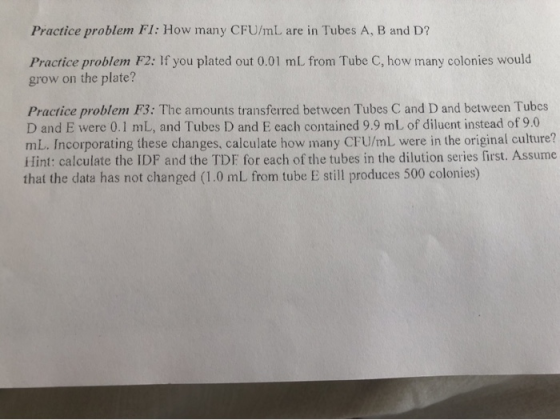 Practice problem FI: How many CFU/mL are in Tubes A, B and D? Practice problem F2: If you plated out 0.01 mL from Tube C, how