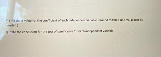 e) Find the p-value for the coefficient of each independent variable. (Round to three decimal places as needed.) f) State the