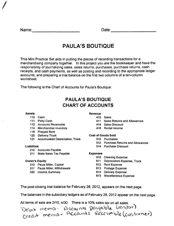 Name: Date: PAULAS BOUTIQUE This Mini Practice Set aids in putting the pieces of recording transactions for a merchandising