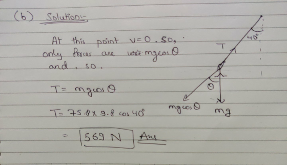 (6) Solution:- At only and this forces so point v=o.so.. are wil ngeos o T= mgos o T= 75.8 x 9.8 cas 400 mgcoso mg = 569 N An