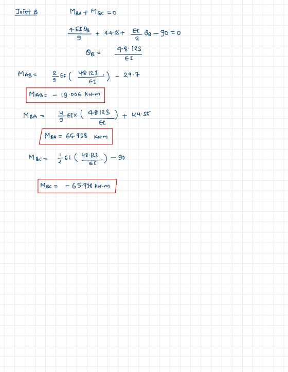 Joint B MBA + M BC =0 4 ELO 9 + 44.5+ EL dB - 90 = 0 48-123 OB = EI MAB= § Es ( 48:123.-) - 29.7 EI MAB= 19.006 kwam MBA - 9