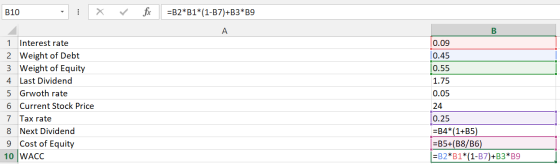 B2*B1* (1-B7)+B3*B9 B10 А В 0.09 1 Interest rate 2 Weight of Debt 3 Weight of Equity 0.45 0.55 4 Last Dividend 1.75 5 Grwoth